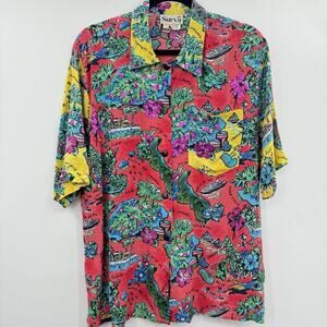 VTG Surya Sequin Hawaiian Shirt Sz L Multicolor Tropical Vacation Artsy Beach